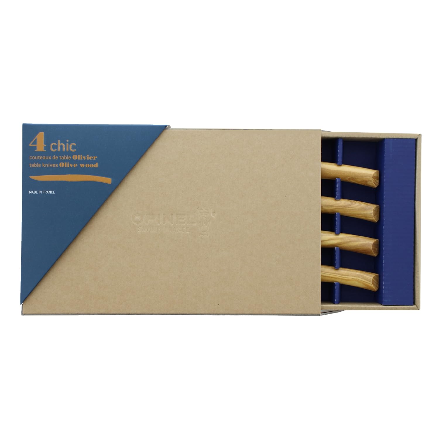 Opinel - Coffret 4 Couteaux de Table Chic Olivier - Lame Traditionnelle Yatagan Acier Inox - Manche Bois d'Olivier - Garantie à Vie - Fabrication Française