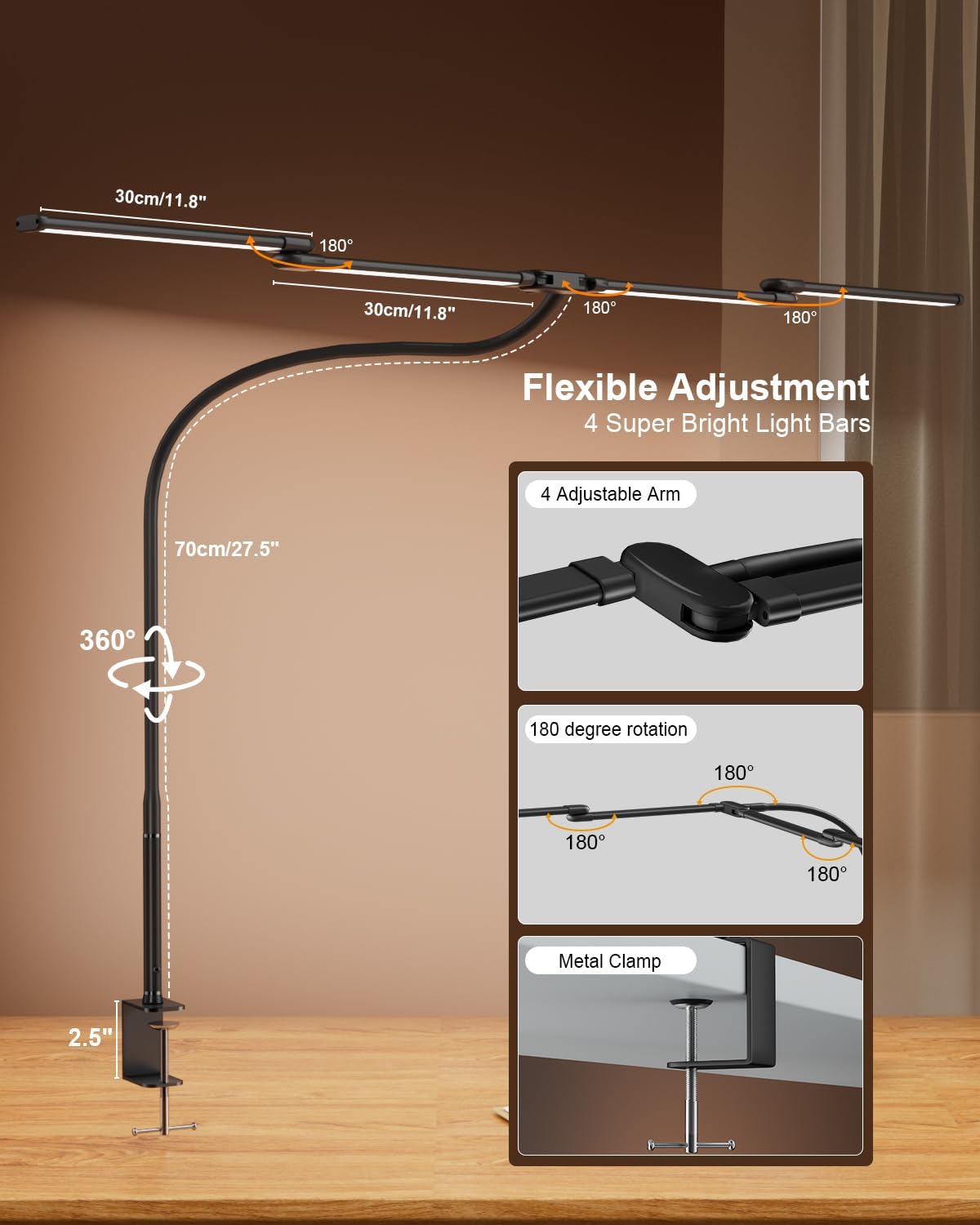Desk Lamp Clamp Light 24W, Ultra Wide 4 Head Bars, 5 Color Modes Dimming, Multi-Screen Setup Desk Light for Office, Architect (Black, Adapter Included)