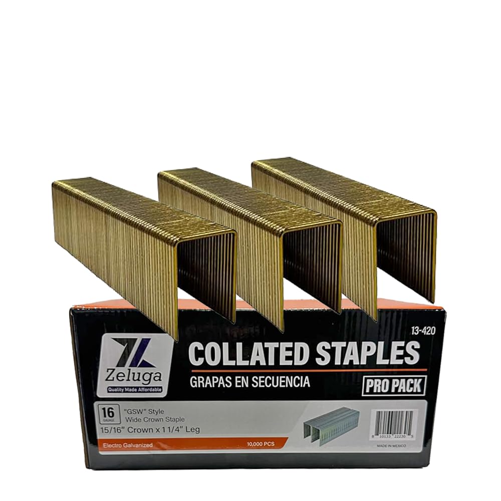 Zeluga 13-420 1-1/4 pulgadas x 15/16 pulgadas. Grapas de corona ancha galvanizadas de calibre 16 estilo GWS 10,000/caja