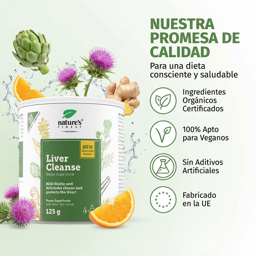Nature’s Finest Liver Cleanse Detox - Mezcla en Polvo con Cardo Mariano, Alcachofa y Cúrcuma - Fórmula Concentrada para el Bienestar Hepático y Digestivo - 125 g (25 Dosis)