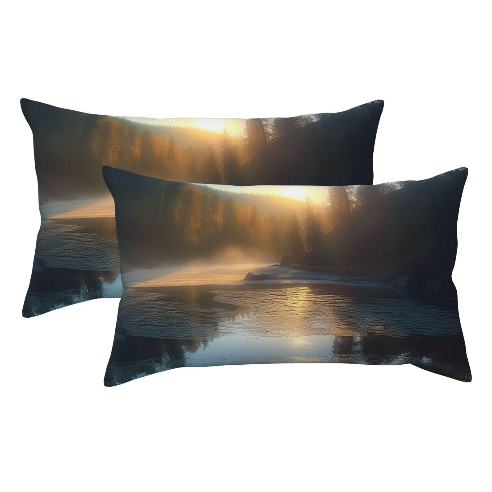 2 Pack King Pillow Cases with Hidden Zipper, Soft Breathable Pillow Covers for Hair and Skin, Sunrise Over Mountain Forest Lake Pillowcases 20"x36" Bed Pillow Protectors Cover for Sleeping Gifts