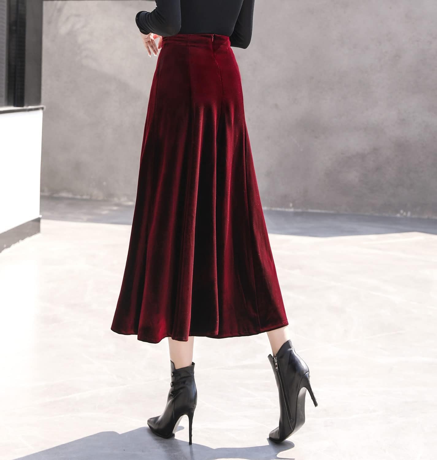 Women's Vintage Velvet High Waist Winter Thicken Pleated A-Line Swing Maxi Skirts - Image 5