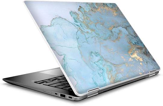 Laptop Notebook Skin Vinyl Sticker Cover Decal for 14 HP 2 in 1 Touchscreen Chromebook x360 - Teal Blue Goldish-Print White Marble Granite