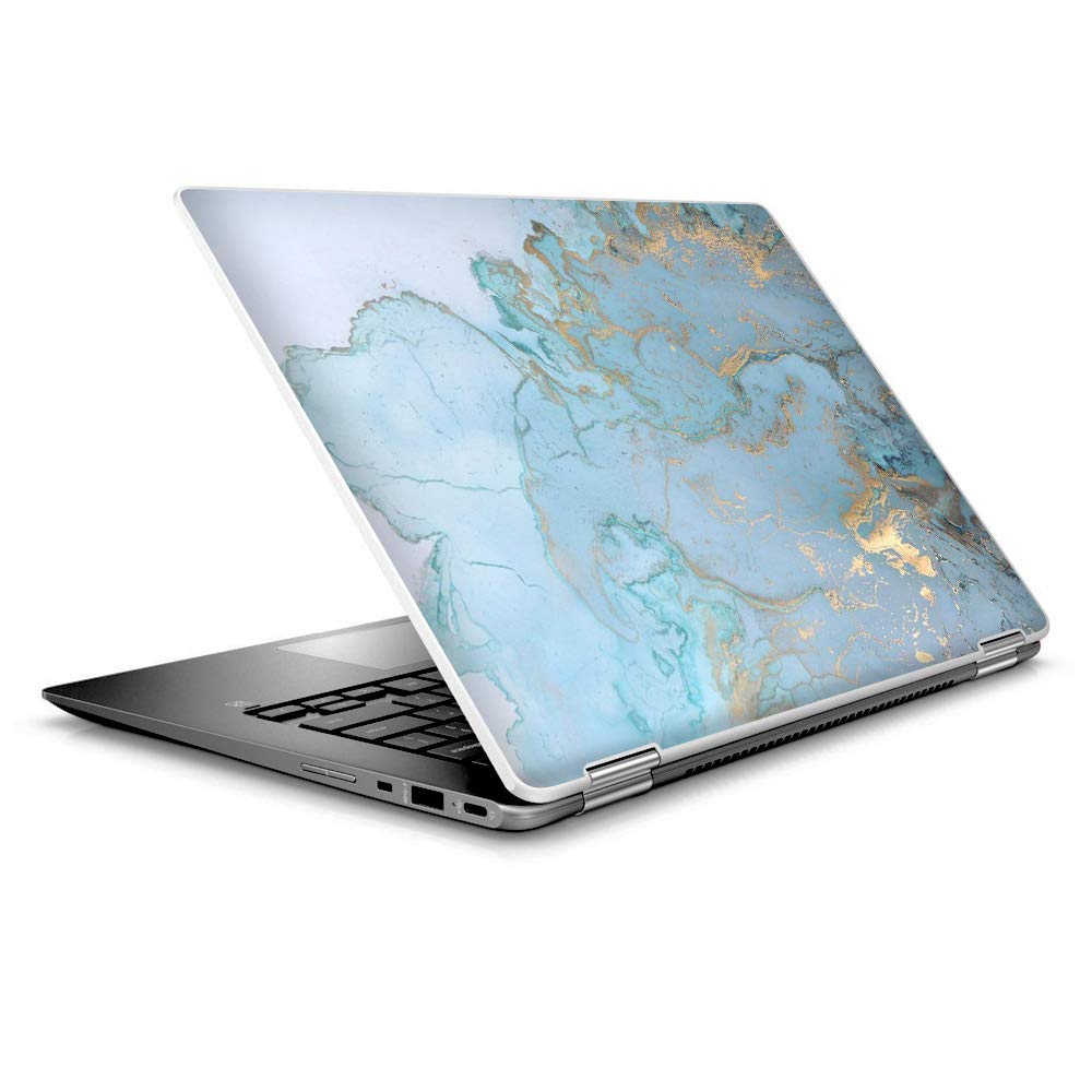 Laptop Notebook Skin Vinyl Sticker Cover Decal for 14″ HP 2 in 1 Touchscreen Chromebook x360 – Teal Blue Goldish-Print White Marble Granite