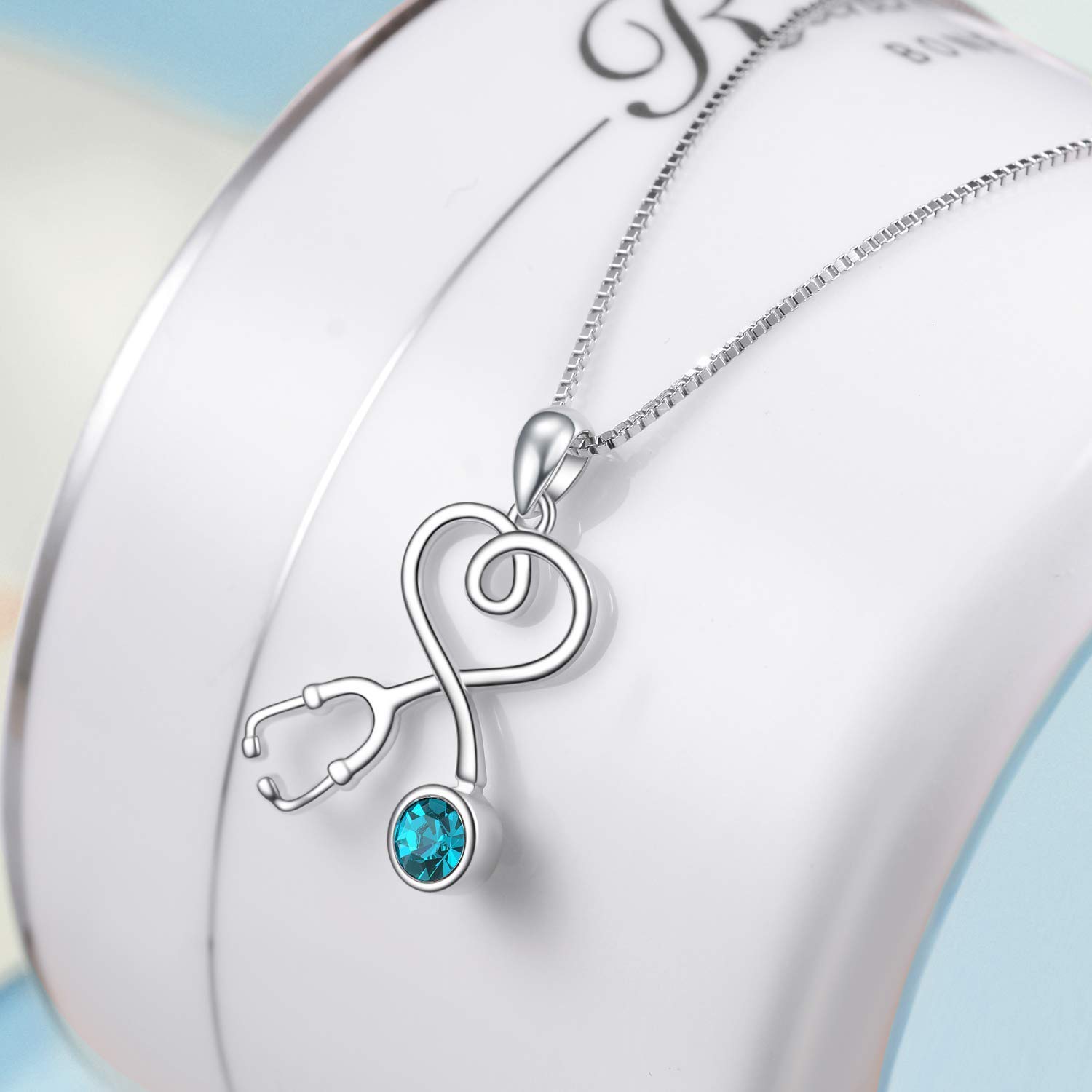 FBHSY Collana con stetoscopio in Argento Sterling, Gioielli Medici da Dottore Infermiere con Pietra Portafortuna simulata proveniente dall'Austria, Regalo per Infermiere registrato per Studentessa