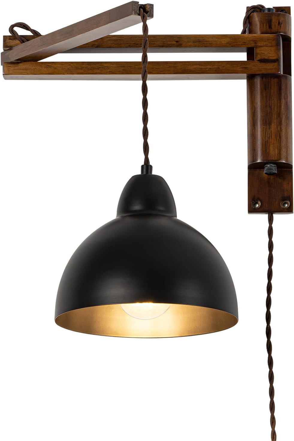 Plug in Wall Sconces, Black Wooden Farmhouse Swing Arms Wall Lamp with Dimmable Switch Black Rustic Bohemian Wall Mount Lamp for Bedroom Living Room Black Lampshade