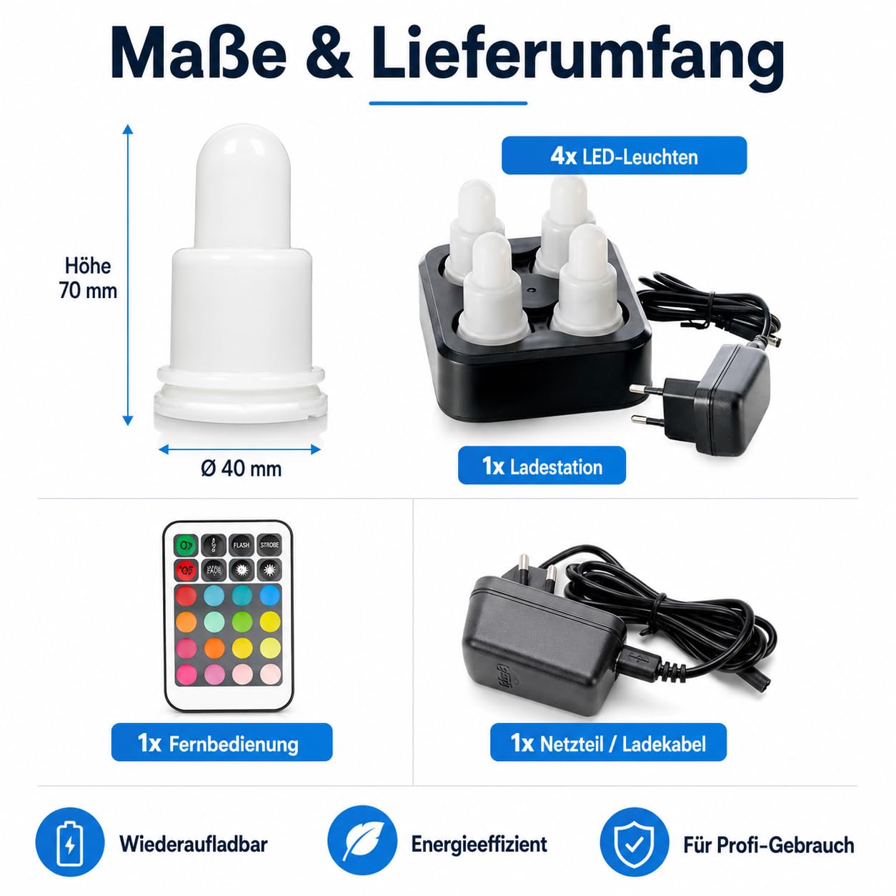 ReWu Duni LED-Set - 4 Stück - Warmweiß & Multicolour Mehrfarbig Wiederaufladbar Inklusive Ladestation & Fernbedienung Tischleuchten LED-Kerzen Alternative Teelichter