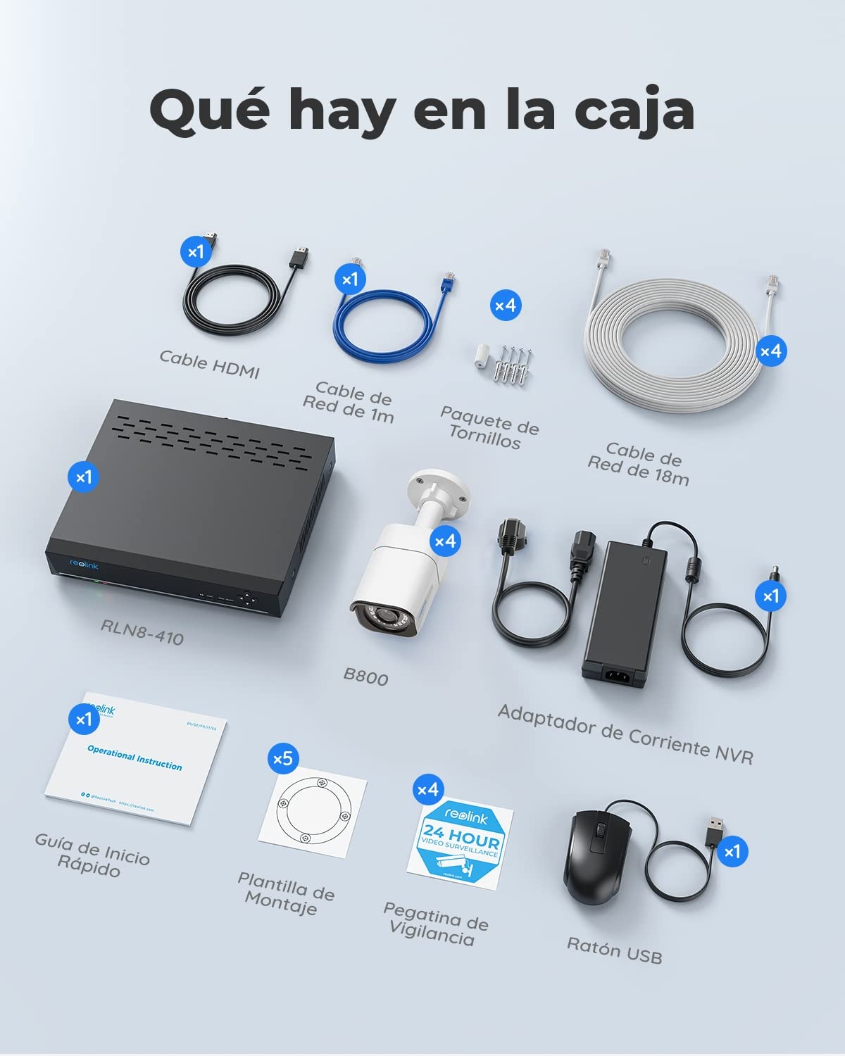 Reolink 4K Kit Camaras de Seguridad, 4X Cámaras IP PoE de Vigilancia Exterior, NVR 8CH con 2TB HDD para Grabación 24/7, Detección de Persona/Vehículo, IP67 Impermeable, Visión Nocturna, RLK8-800B4