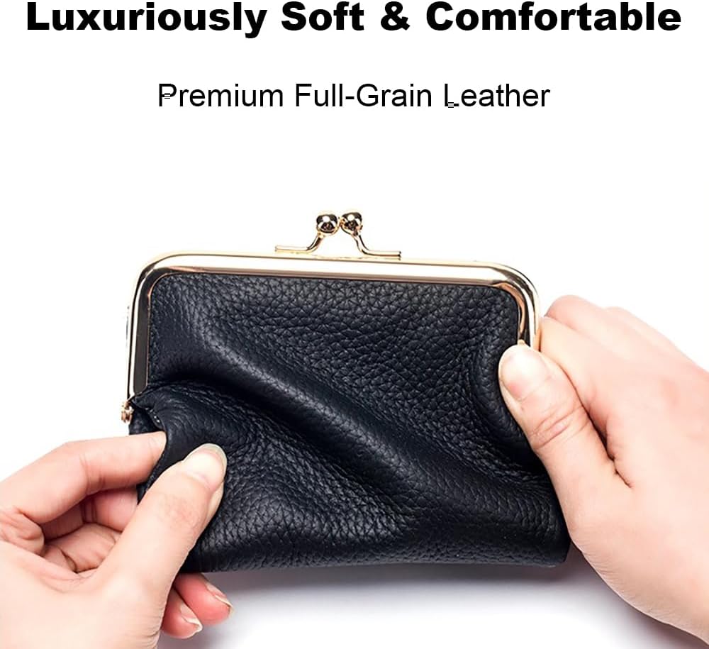 Genuine Leather Kiss Lock Wallet for Women Kiss Clasp Coin Purse Small Bifold Wallet with Card Slots and Zipper Pocket (Blue) - Image 3