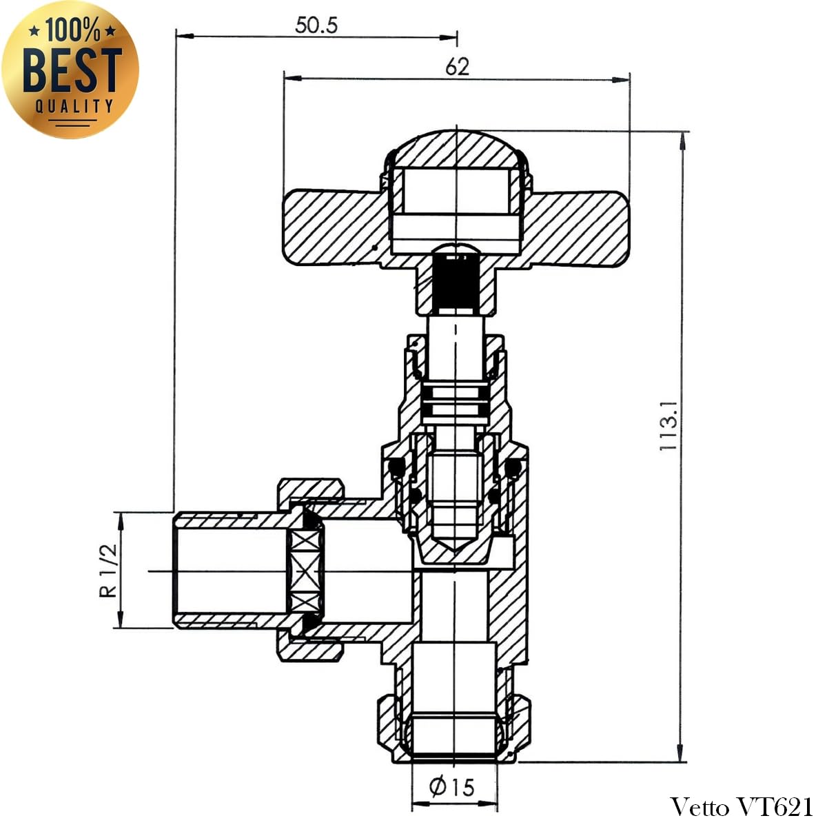 VETTO VT621-M CROSS BT Zawór Kątowy Retro, Chrom, Białe Elementy Porcelanowe, 2szt. Zawór Grzejnikowy 1/2" do Rur Miedzianych 15 mm.