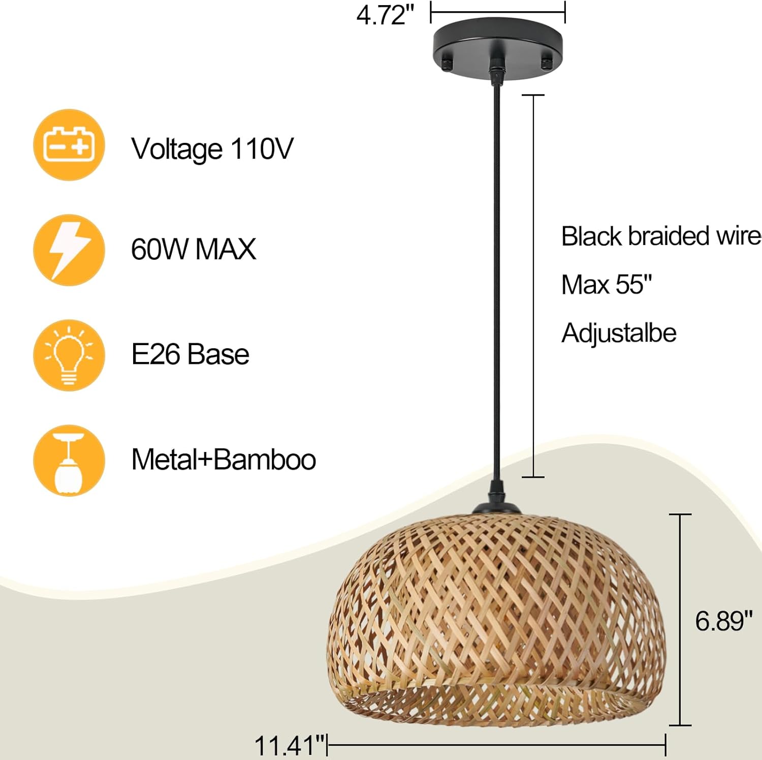 TERLEENART Bamboo Pendant Light,1pcs Boho Round Basket Chandelier Handmade Woven Pendant Light, Natural Bamboo Rattan Hanging Chandelier for Kitchen Island Dining Room Living Room Porch