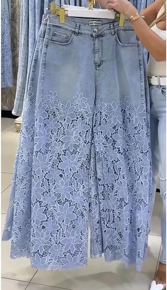 Women's Lace Patchwork Hollow Jeans, Floral Patchwork Ripped Straight Leg Jeans Trouser, Lace Pants for Women Sexy4