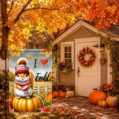 Image of BlissYard I Love Fall Garden Flag Squirrel Pumpkin Decor 12x18 Inch | Double sided polyester, I Love Fall squirrel artwork, cozy woodland charm for Thanksgiving porch and yard displays