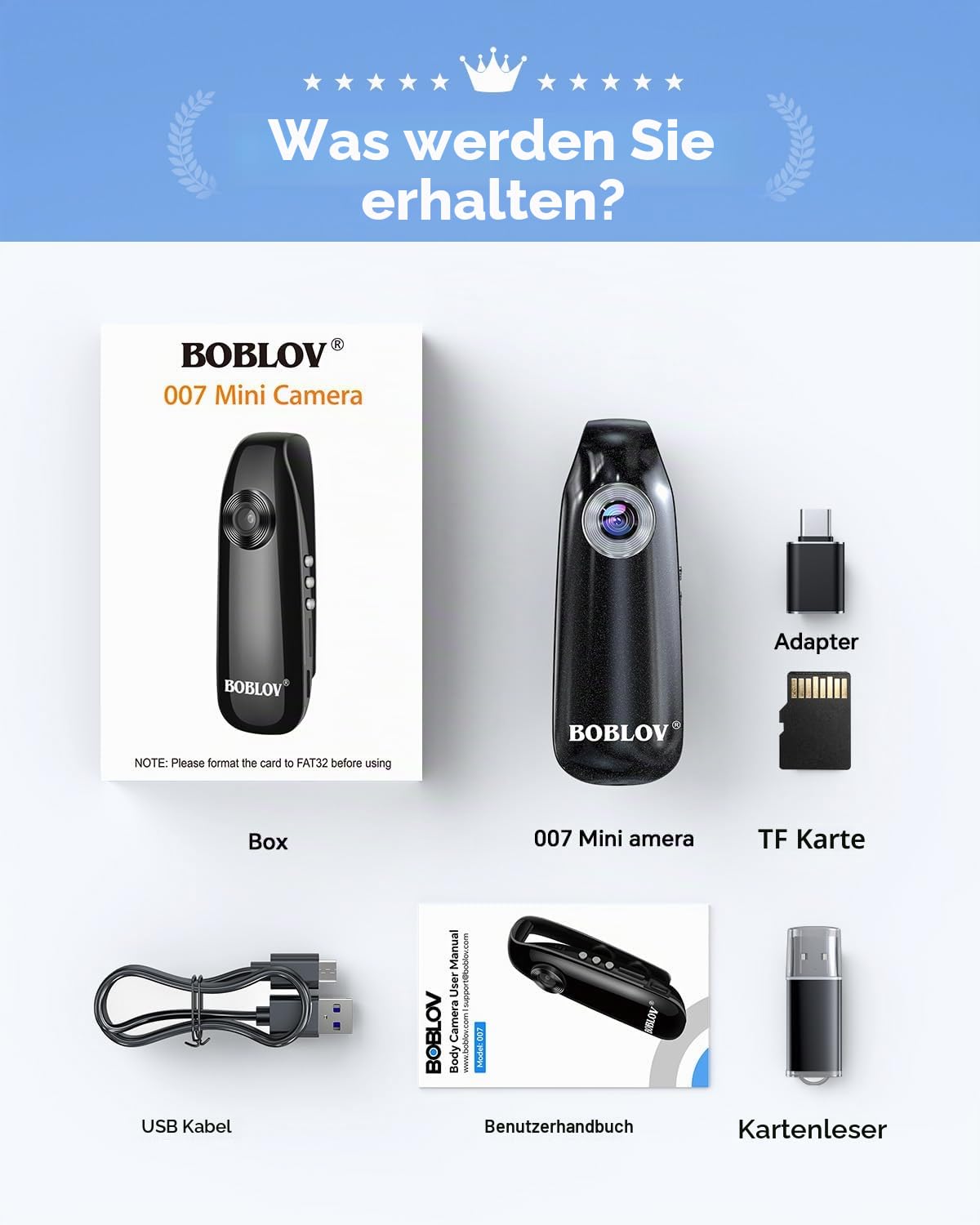 BOBLOV 007 Mini Kamera, 1080P Full HD Bodycam, Körperkamera, Camcorder für Polizei/Motorrad/Fahrrad/Sport (007, mit 32 GB TF-Karte)