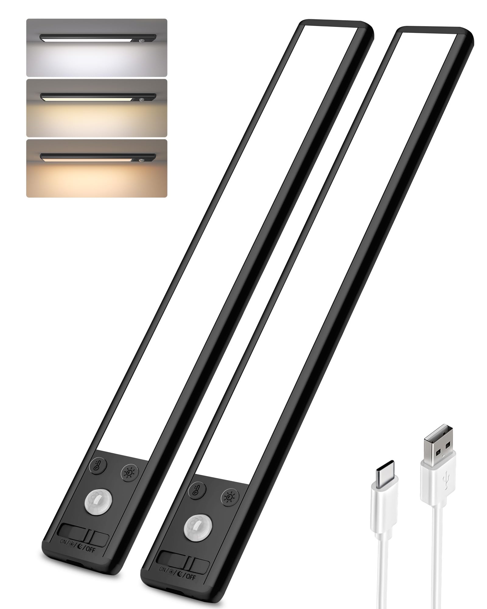 EZVALO Cucina Armadio Luce LED 20CM, 62 LED con Rilevatore di Movimento, 3 Modalità di Colore Dimmerabile Luci Armadio Ricaricabile senza Fili per Armadio, Cucina, Scale, Nero (2 Pezzi)