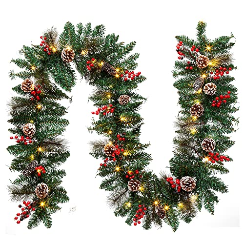 9FT Christmas Garland with Lights，Battery Operated Lighted Garland with Pine Cones Red Berries Lush Branches，50 LED Lights 8 Modes，Christmas Decorations