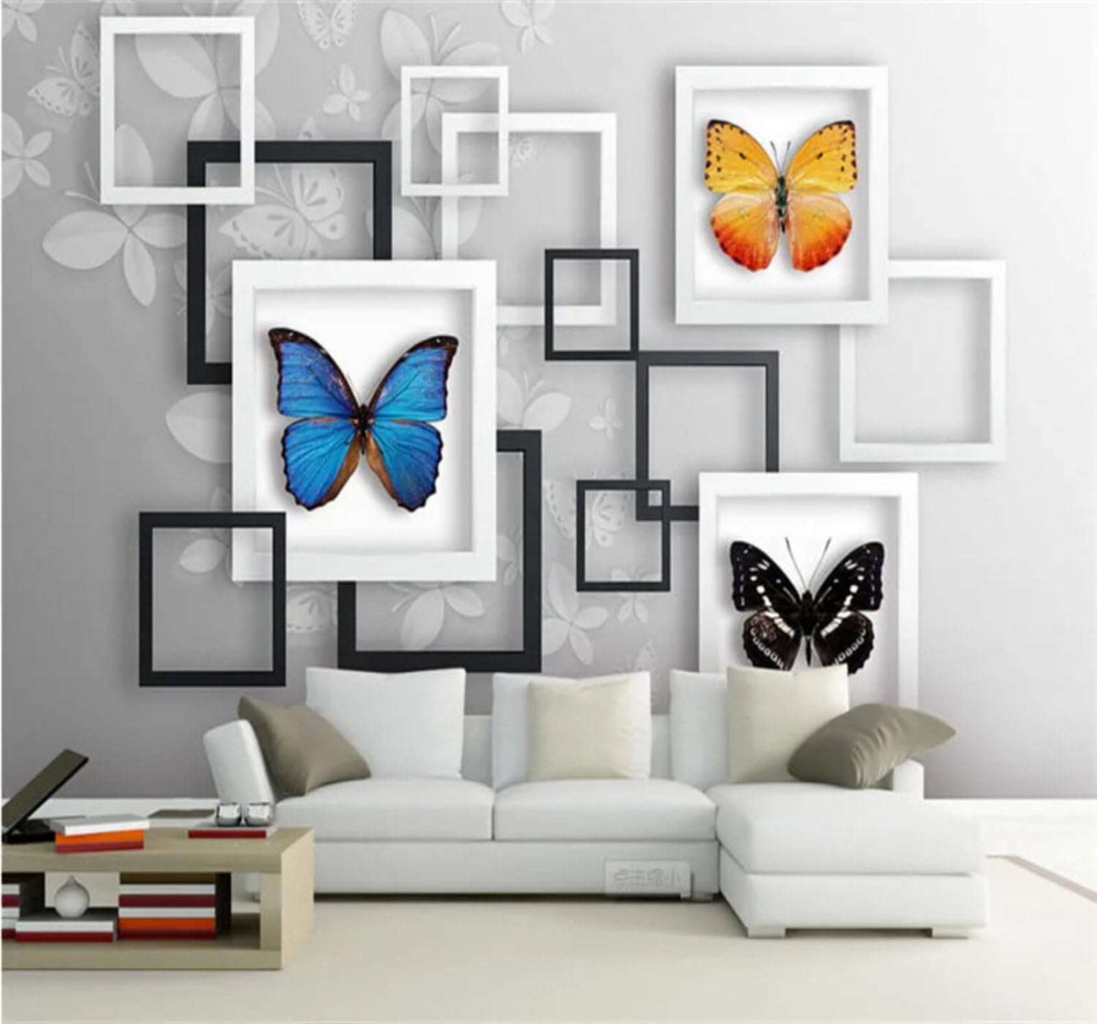Tzxztt Three Dimensional Geometric Black and White Square Butterfly Modern 3D Wallpaper Premium Textured Silk Neutral Tones Material Ideal for Living Room Bedroom-300cm×210cm