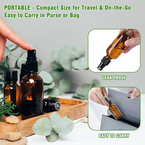 Miniatura 3 de Botellas rociadoras de vidrio ámbar de 2 onzas para aceites esenciales, cabello, cuidado de la piel, limpieza y viajes, paquete de 2 botellas