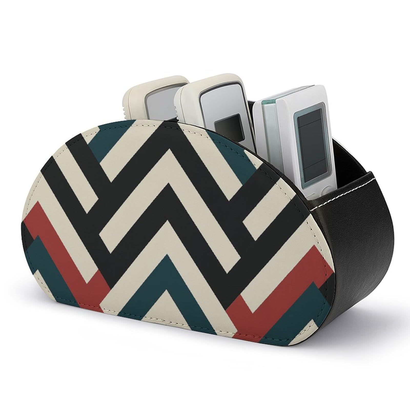 DWVTSLH ZigZag Stripe Remote Control Holder with 5 Compartments - PU Leather TV Remote Holder Remote Caddy Desktop Organizer Makeup Brush Holder, Remote Storage Box for Home Office