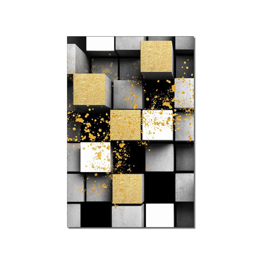 MWMG Pinturas Oleo,Cubo De Ilusión Óptica En Blanco Y Negro con Textura De Adorno De Lámina Dorada, Pinturas Al Óleo Grandes, Arte Moderno, Abstracto, Arte, Lienzo, Pinturas para Pared, Sala De Estar