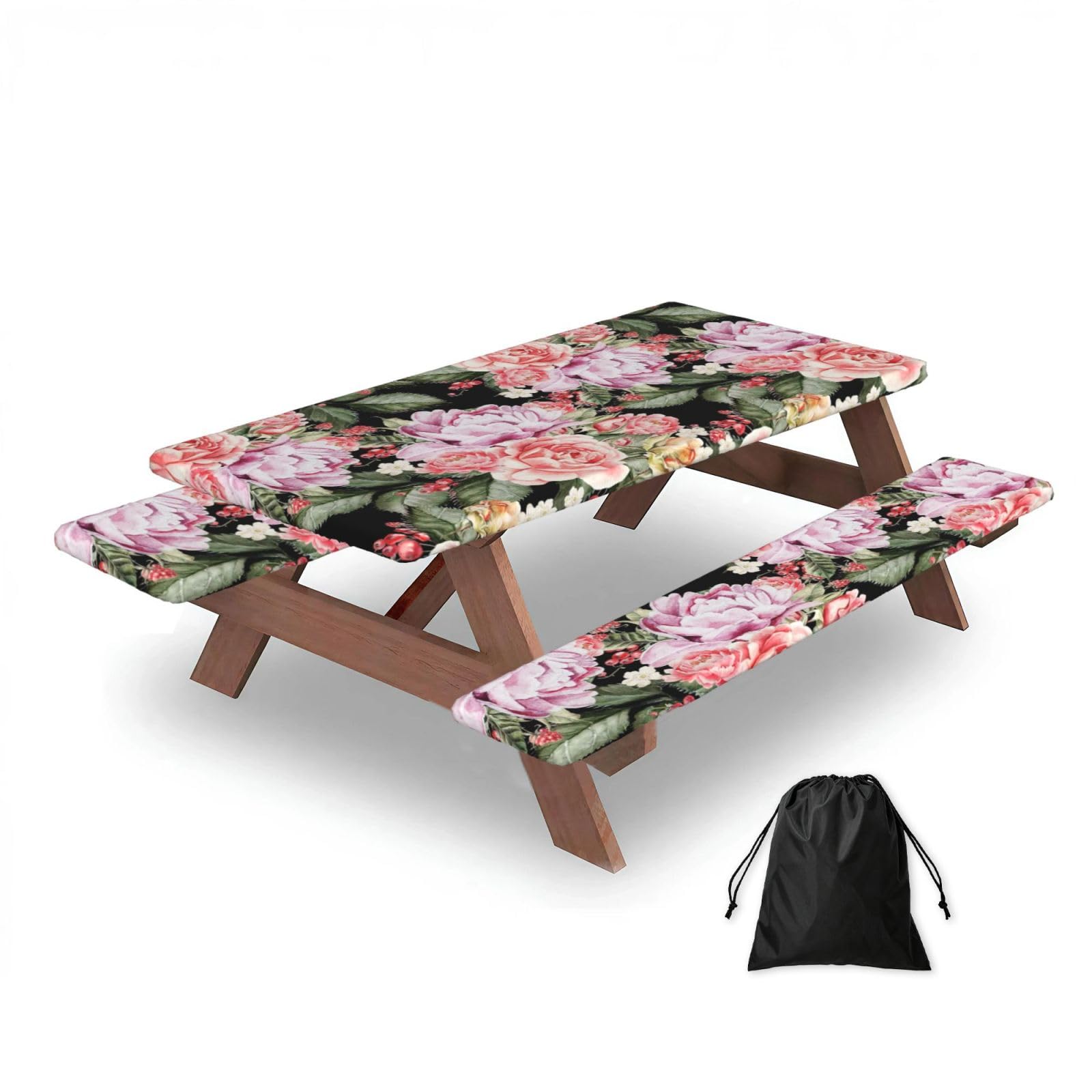 Dopklna As Picture Peony Flowers Rose Printing, Picnic Table Cover With Bench Covers -Waterproof Elastic Fitted Tablecloth For Garden Camping Patio 76X152cm