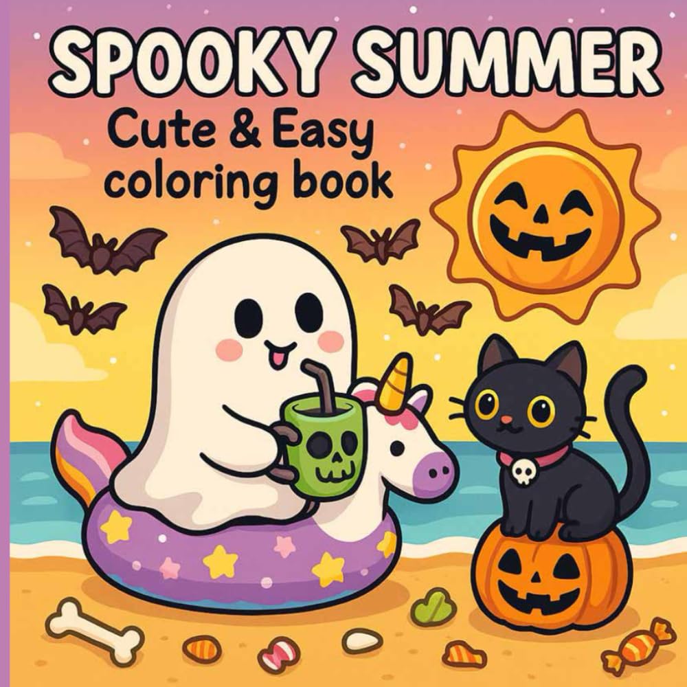 spooky summer Cute And Easy coloring book: Creepy-Cute Ghosts, Skeletons, and Summer Vibes in Big Bold Easy-to-Color Pages for Teens, Adults, and Kids Who Love Summer and Halloween