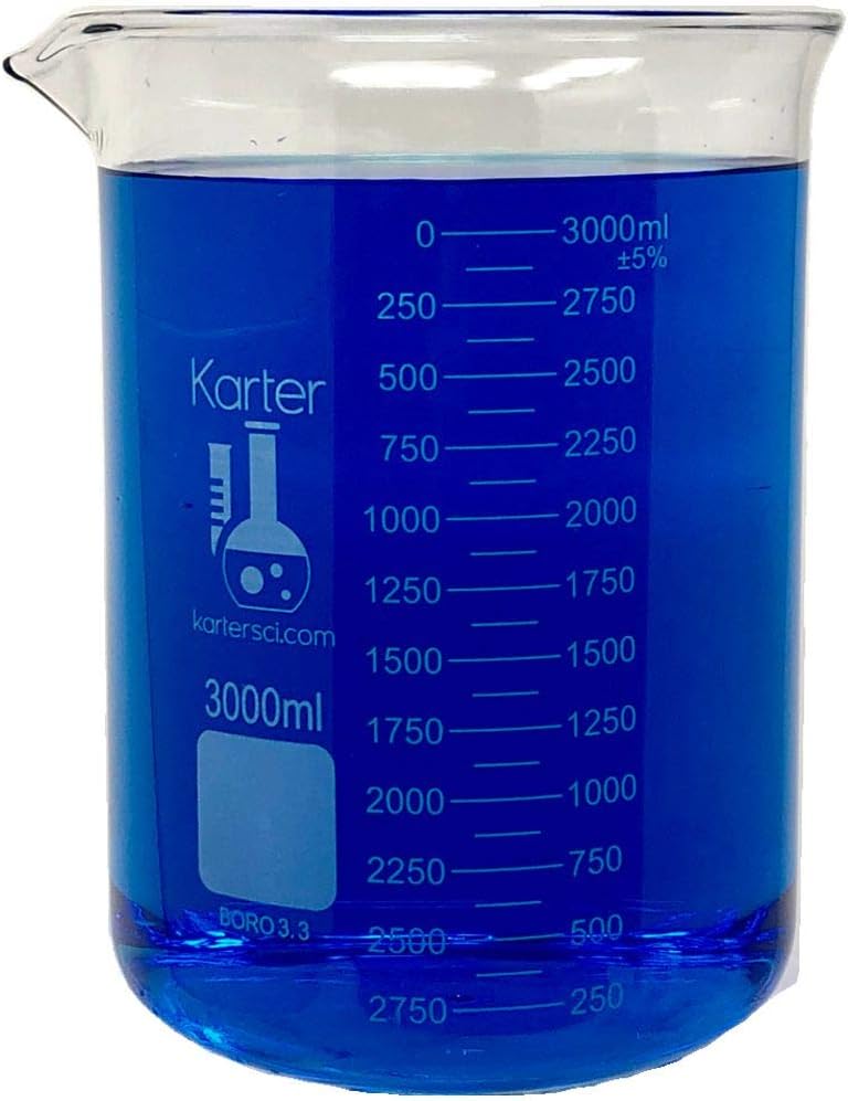 3000ml Beaker, Low Form Griffin, Borosilicate 3.3 Glass, Double Scale, Graduated, Karter Scientific 247Q5 (Case of 4)