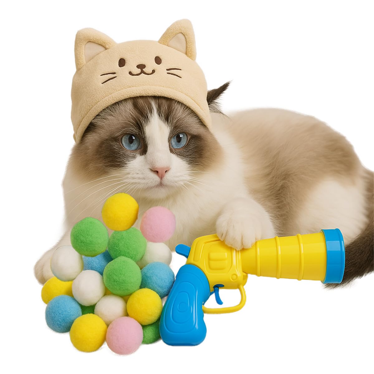 30PCS Interactive Cat Ball Toy Launcher Set,Plush Pom Pom Balls Cat Launcher Gun for Indoor Outdoor Play,Stimulating Cat Toys for Bored Indoor Adult Cats Energetic Kittens (30Pcs/Set)
