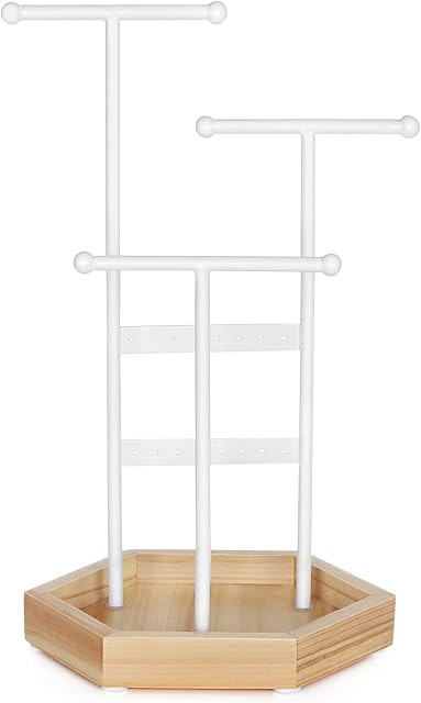 SONGMICS Jewellery Display Stand Holder, Metal Wood Jewellery Tree Necklaces, Bracelets, Earrings, Studs, Rings, Gift Girls Women, White JJS03NW