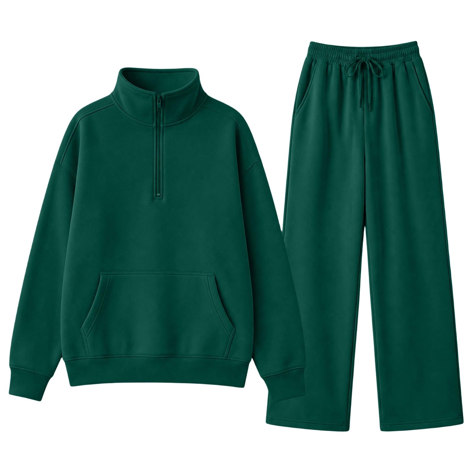 Survêtement pour femme - Survêtement ample - Couleur unie | Col montant avec demi-fermeture éclair - Pull sans capuche - Survêtement avec pantalon droit - 2 pièces - Ensemble de jogging