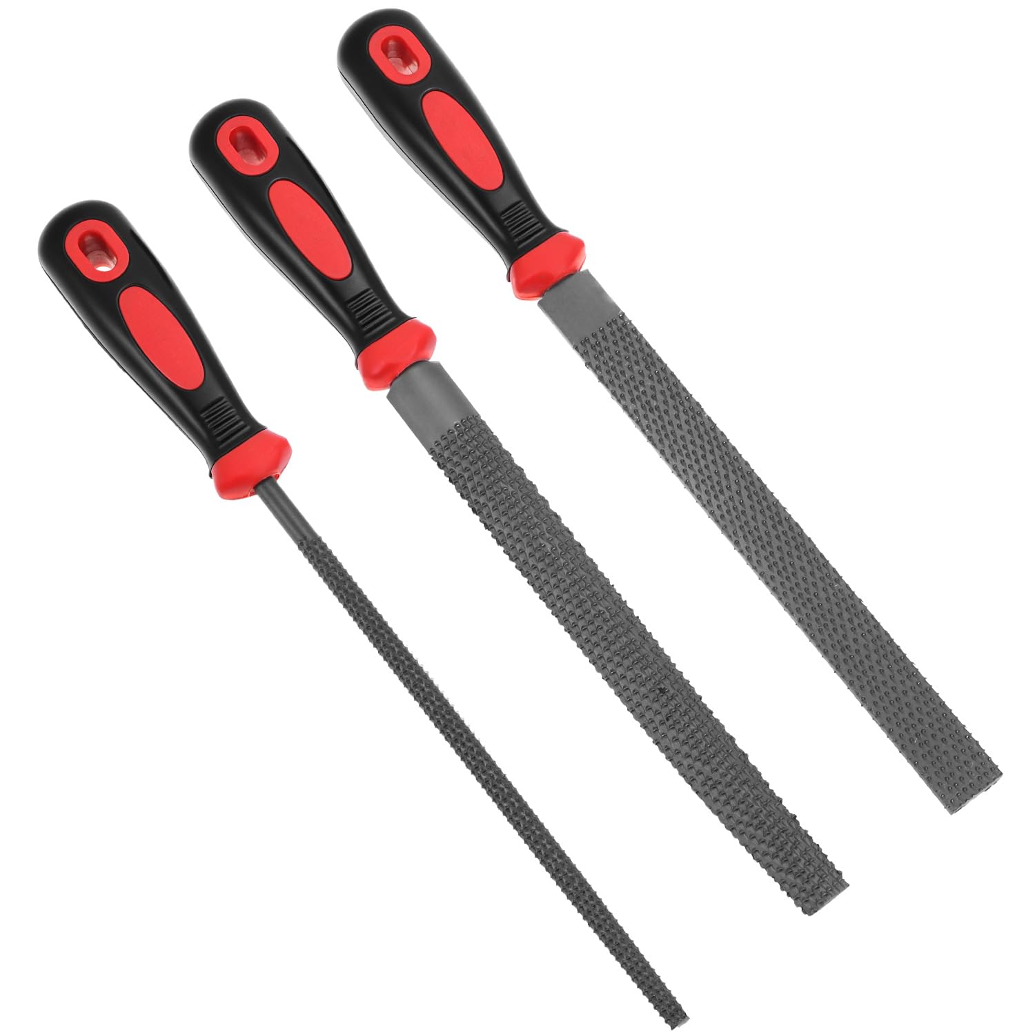 QWORK 3 Pieces T12 Carbon Steel Double Sided File Set with Non-Slip Handle - Semi-Round, Flat Files for Metal, Wood, Plastic