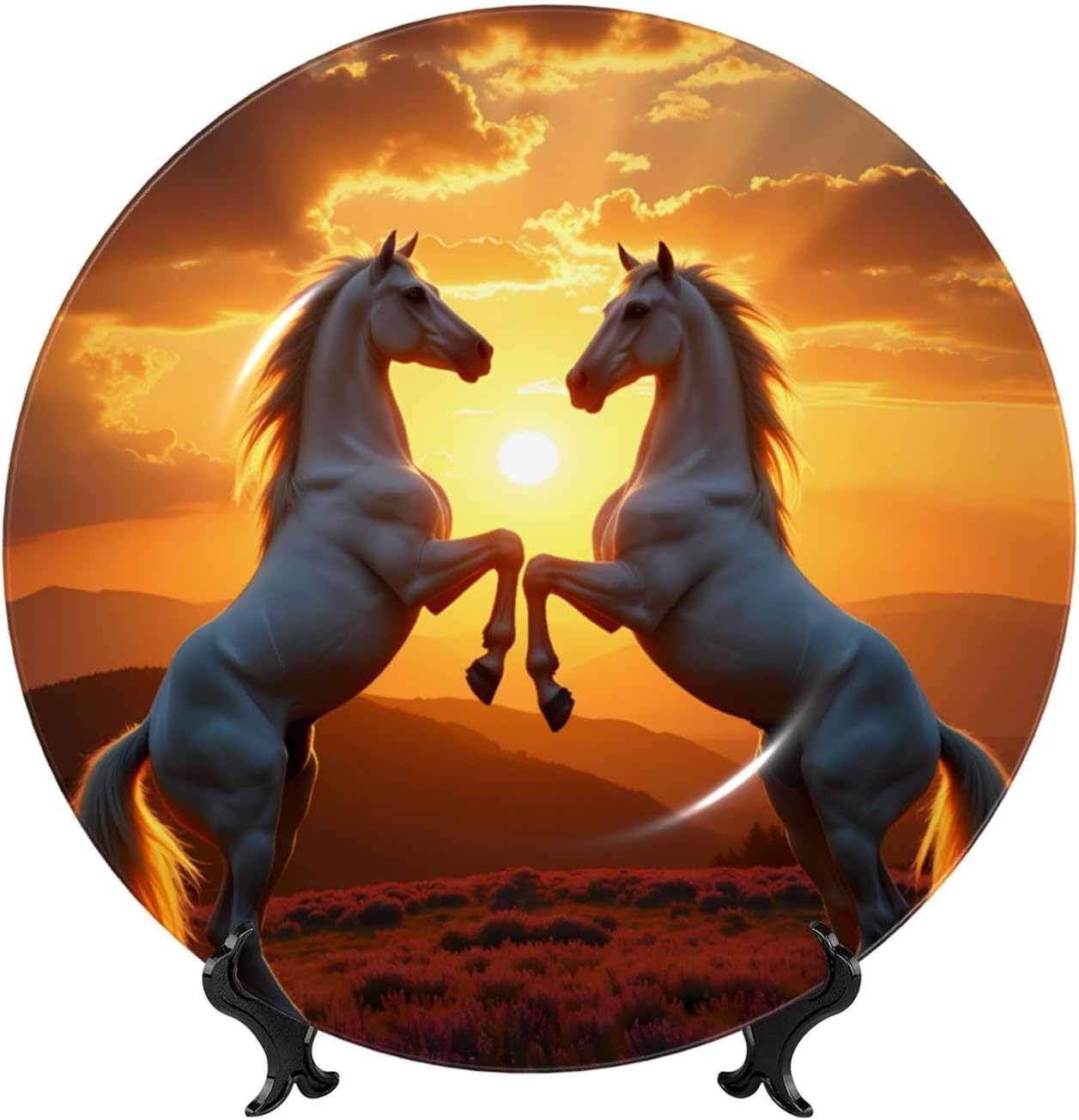 Two Horses Sun Style Ceramic Plate Display Decorative Plate With Stand Wall Hanging Plate For Home Decor 10 Inch