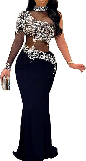 PORRCEY Women Sexy Rhinestone Dresses Party Club Night Dress Birthday Dress