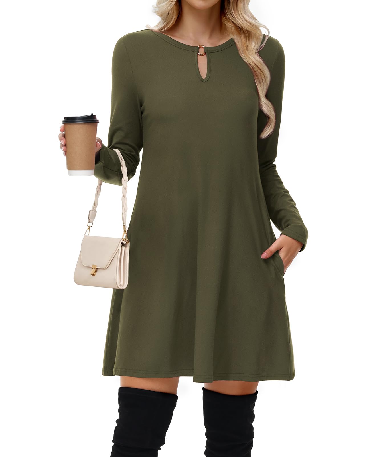 casual knee length winter dresses Women's Long Sleeve Dresses Round Neck Loose A- Line Swing Knee Length Dress with Pockets