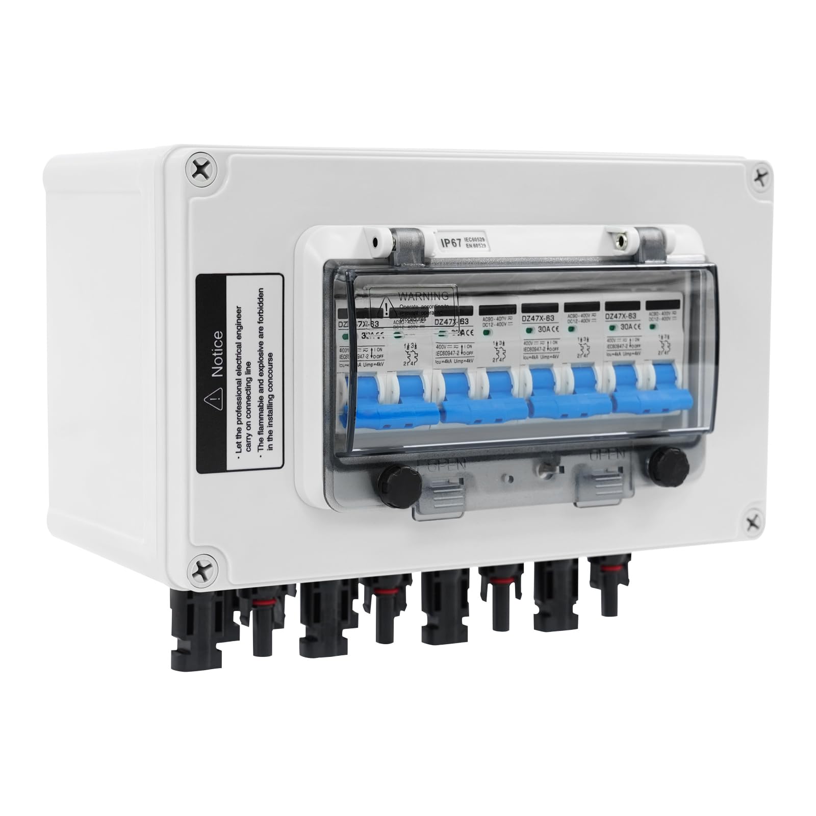 Überspannungsschutz PV DC Trennschalter PV Anlage mit Solarstecker MC4-Stecker 400V 40KA Leitungsschutzschalter Anschlusskasten IP67 Wasserdicht Blitzschutz für Photovoltaik (30A, 4-in 4-out)