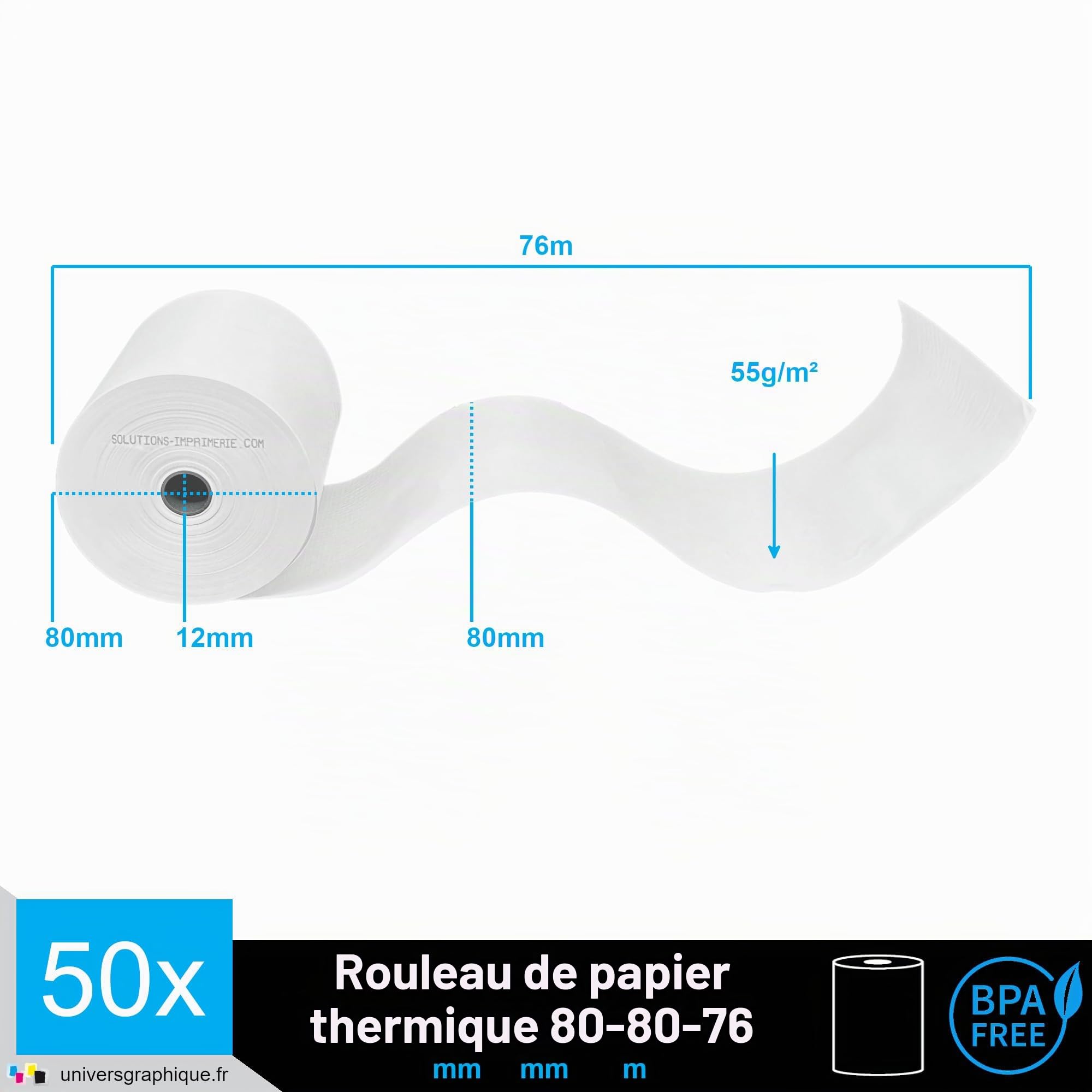 50 bobine thermique pour tickets de caisse et imprimante thermique pour Caisse enregistreuse compatible Casio, Olivetti et imprimante thermique compatible EPSON comme TM-H6000 III largeur 80 mm