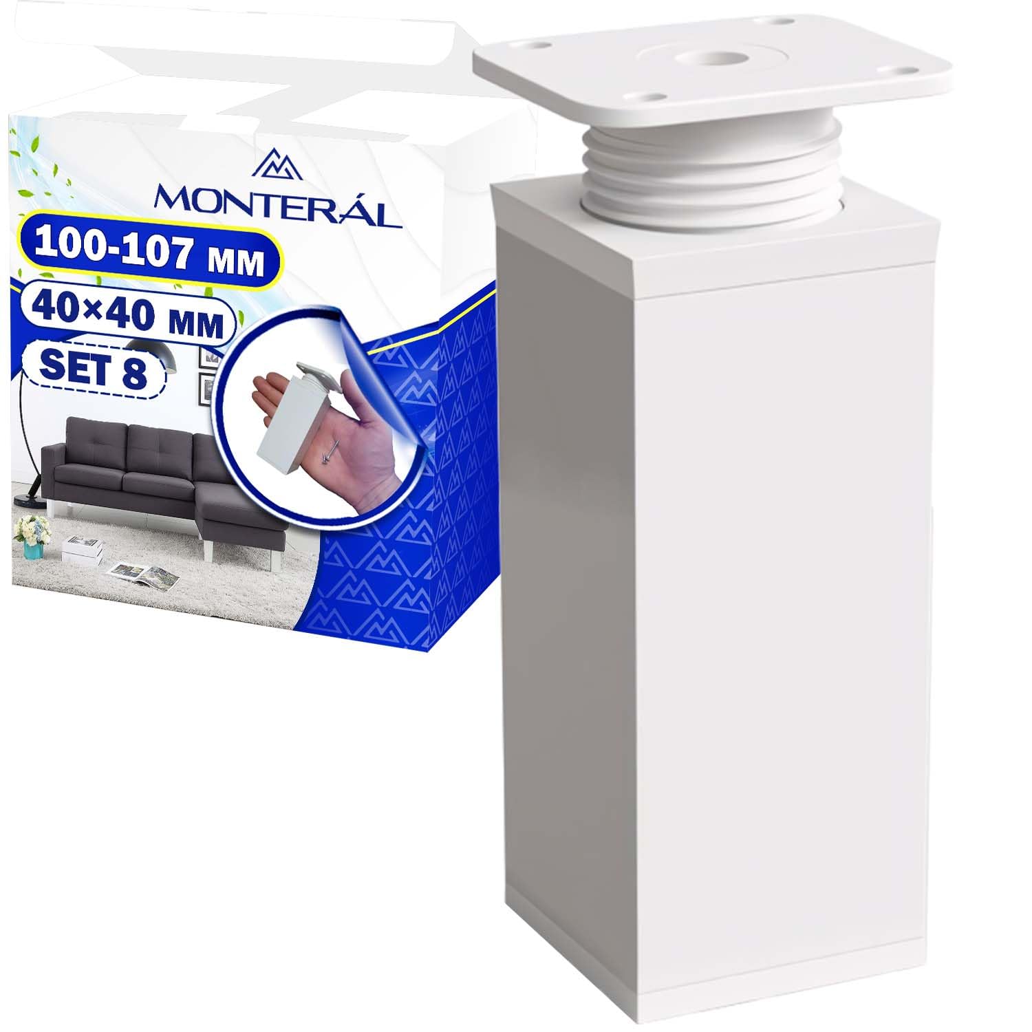 MONTERAL 8 Pezzi Piedini per Mobili Regolabili 100 mm Estensibili a 107 mm Profilo 40x40 mm - Piedini Regolabili per Mobili di Colore Bianco Realizzata in Alluminio - Garanzia di 10 Anni