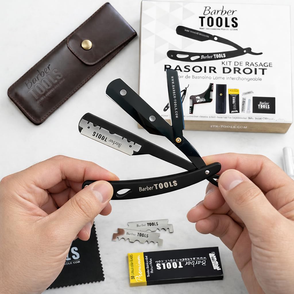 Kit da rasatura uomo - Rasoio per barba uomo/taglio a mano per barba - con 50 Lame Singole + Panno + Stick di allume + Custodia per la conservazione + Pettine guida per rasatura -NERO- BARBER TOOLS