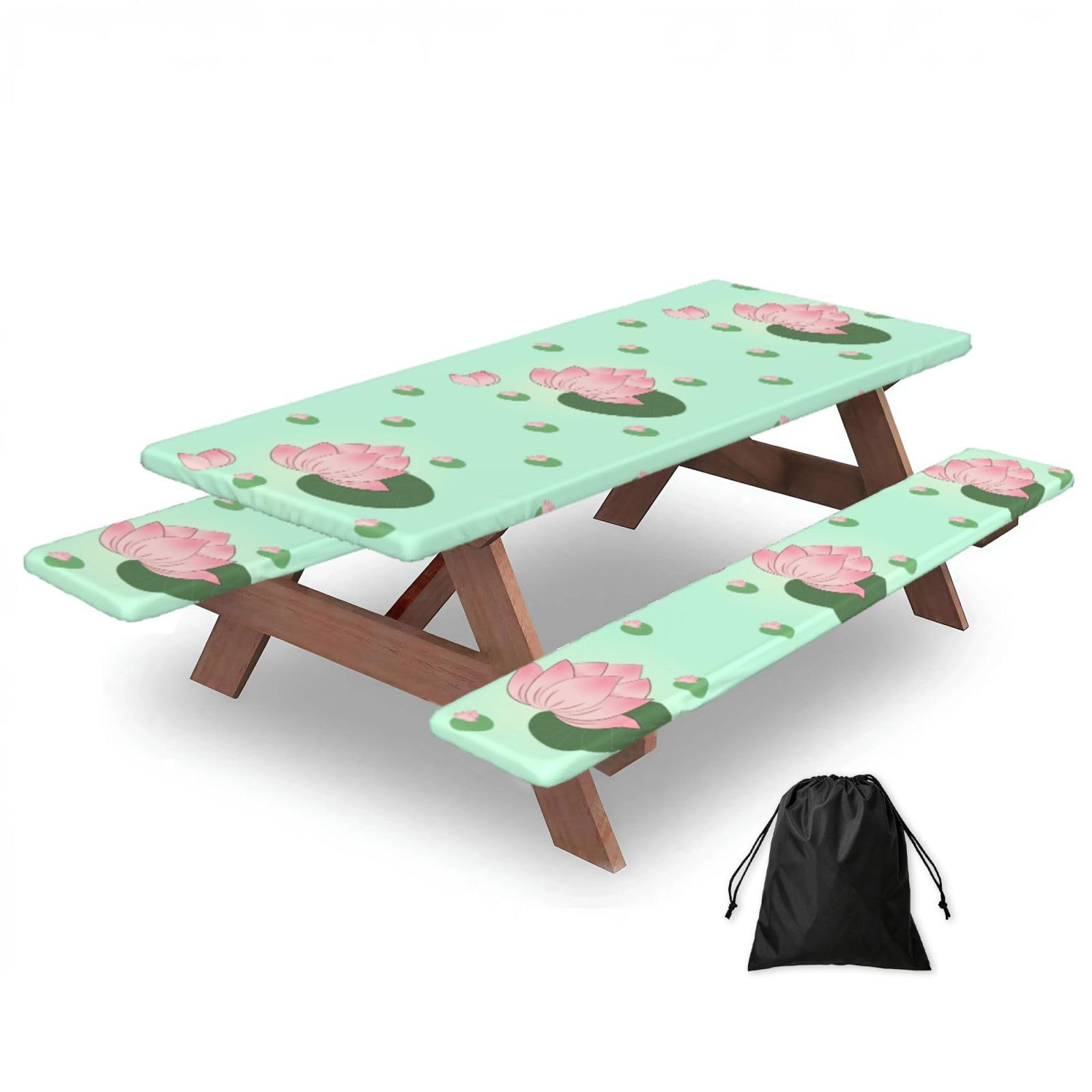 Erwqavc Black Lotus Flowers Waiting To Bloom Print Picnic Table Cover & Bench Covers 3-Pack Set, Elastic Tablecloths For 6 Ft Rectangle Tables