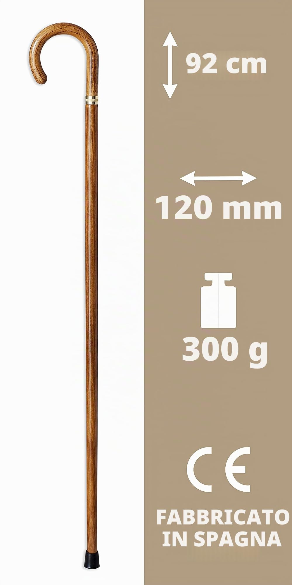 Bastone con Curva per Camminare in Legno con Impugnatura in Legno Fiammeggiato Leggero 0,3kg, Altezza 92cm (570)