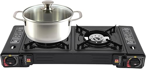 Miniatura 8 de Estufa de butano de 2 quemadores Estufa de camping de butano con bandeja de parrilla y funda de transporte, estufa de camping portátil para viajes