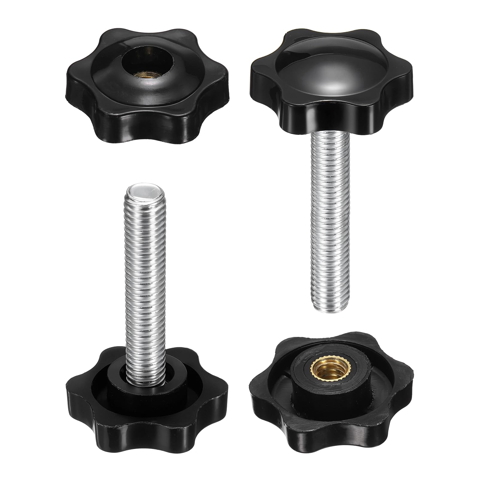 sourcing map 2 Set Star Knobs M8 x 70mm Male + M8 Female Thread 32mm Head Metric 6-Star Threaded Stud Clamping Handles Screw in Through Hole Hand Jig Knob Thumb Screws, Black โ image 1