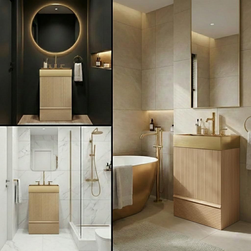Fashionable Striped​ 20 inch Bathroom Vanity with Golden Metal Sink, Freestanding Modern Storage Cabinet with Soft-Closing Door 1 Drawer, for Small Bathroom, Powder Room, Hotel Light Oak