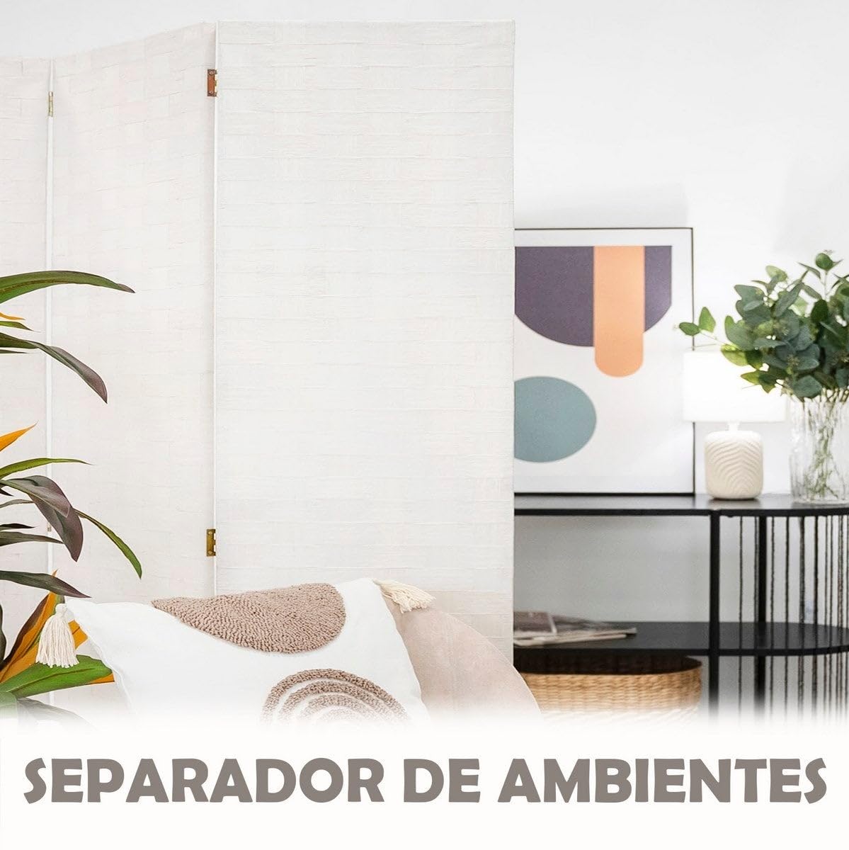 LOLAhome - Biombo de 3 Paneles Plegable, Panel Divisor de Espacios de Madera y Papel Trenzado, Separador de Ambientes para Dormitorio, Salón, Oficina Blanco 120x175 cm