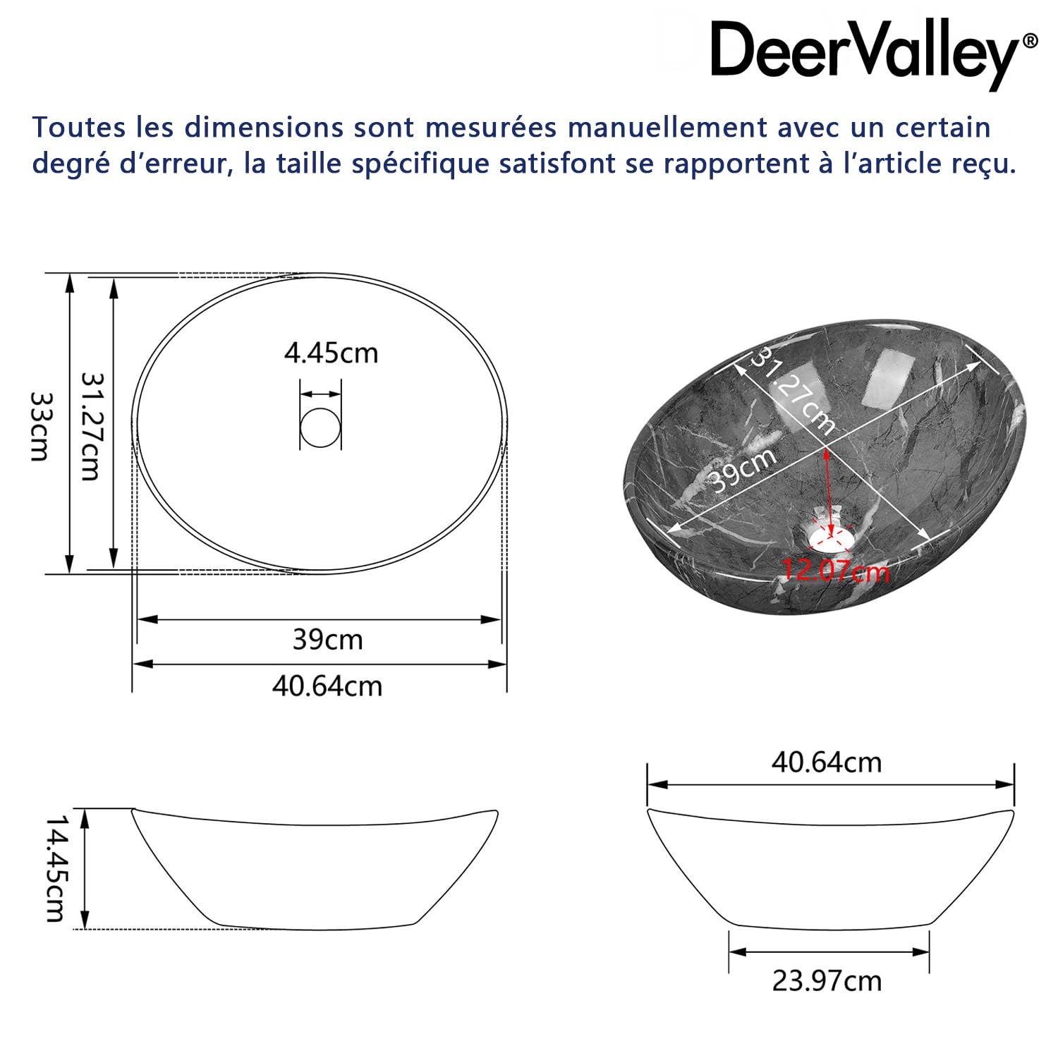 DeerValley Vasque à Poser Ovale en Céramique, 40.6 x 33 x 14.45cm | Motif effet marbre, Sans Trop-plein ni Trou de Robinet, installation facile sur plan