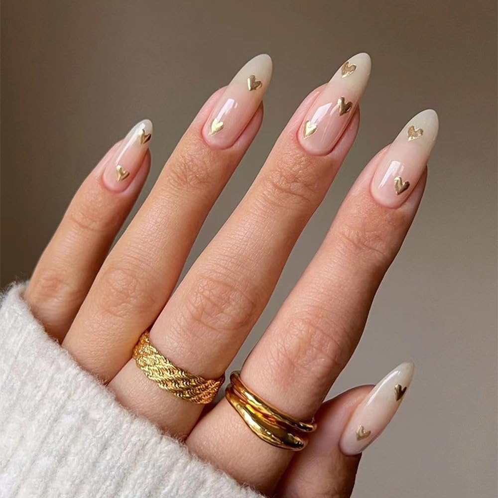 ANDGING Nude White Press on Nails Oval Short Medium Fake Nails with Gold Heart Design Acrylic fake nails for Women Full Cover False Nails with Glue