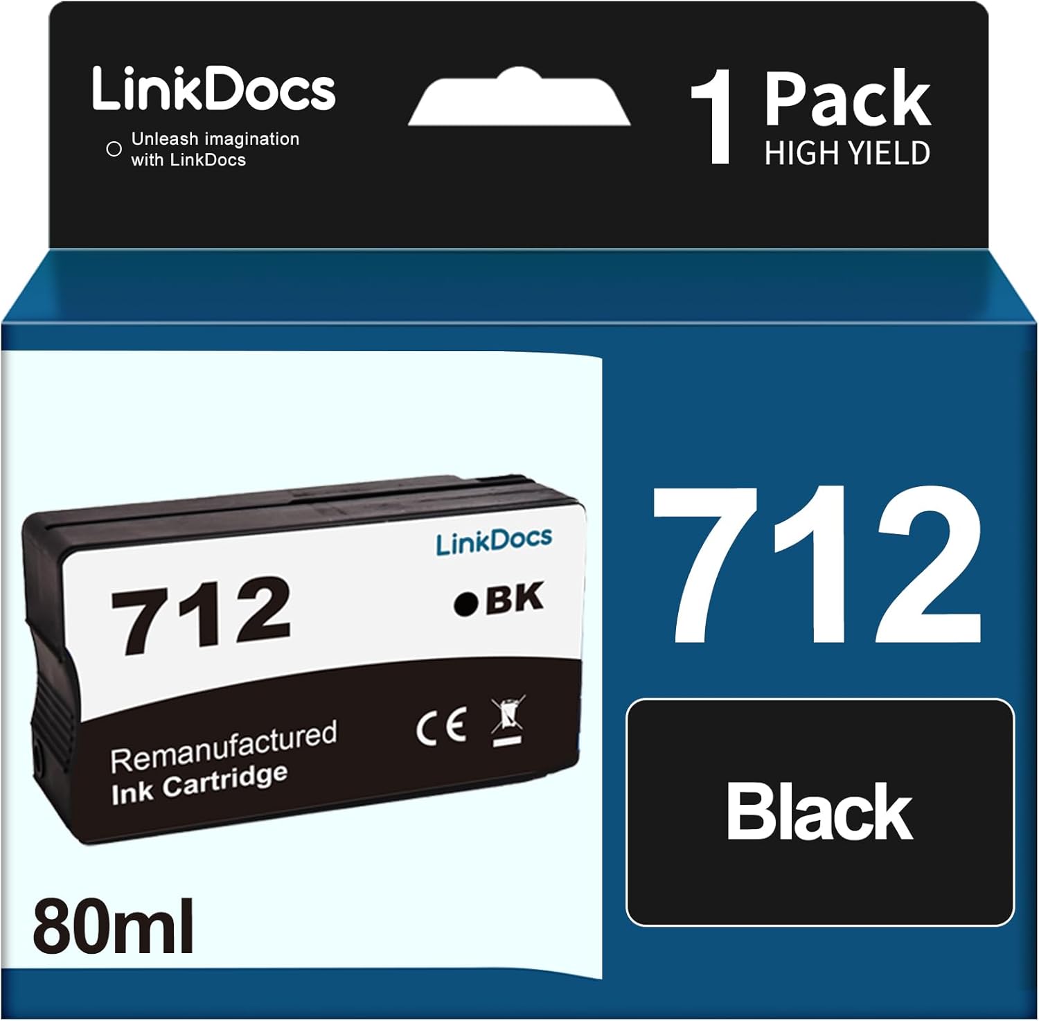 LinkDocs 712 Black 80-ml Remanufactured Ink Cartridge Replacement for HP 712 (3ED71A) for use in DesignJet T650, T630, T230, T210 & Studio Plotter Printers