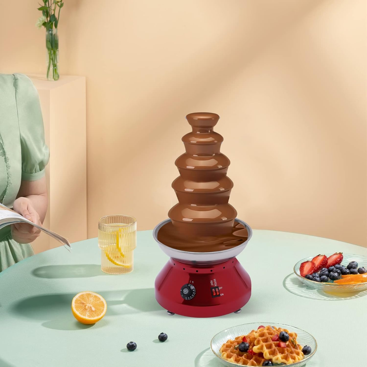 Commercial Chocolate Fountain, 5 Tier Hot Chocolate Fondue Tower, 7 Ibs Large Capacity Stainless Steel Chocolate Melting Heating Machine for Western Restaurant Buffet Dinner, Party, Wedding