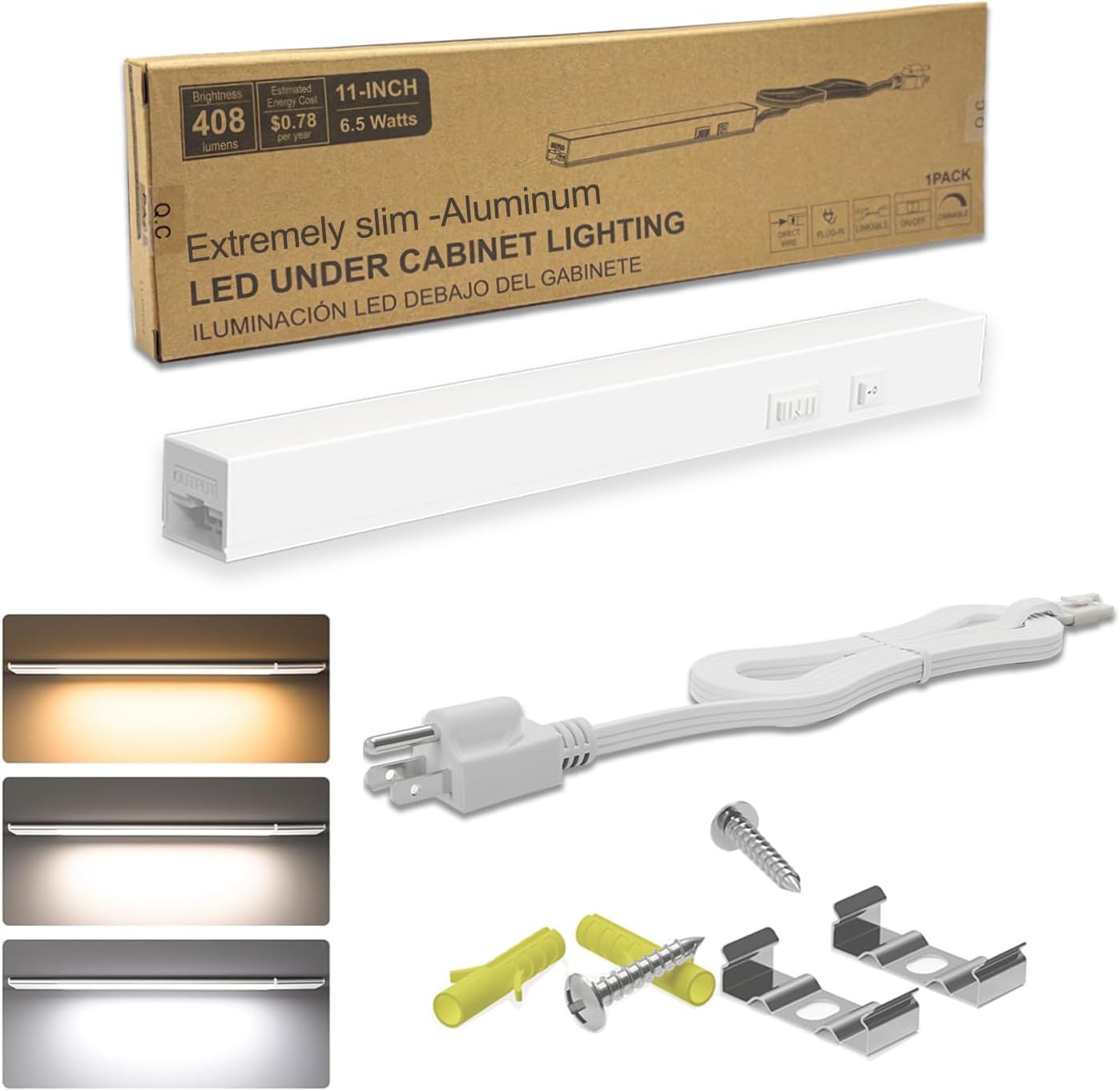 Myco 11 Inch 1 Pack Aluminum LED Under Cabinet Light Bar, ETL Listed Plug-in Linkable Kitchen Lighting, 3 Color Temperature Selectable (3000K/4000K/5000K), Ultra-Slim Under Counter Closet Shelf Light