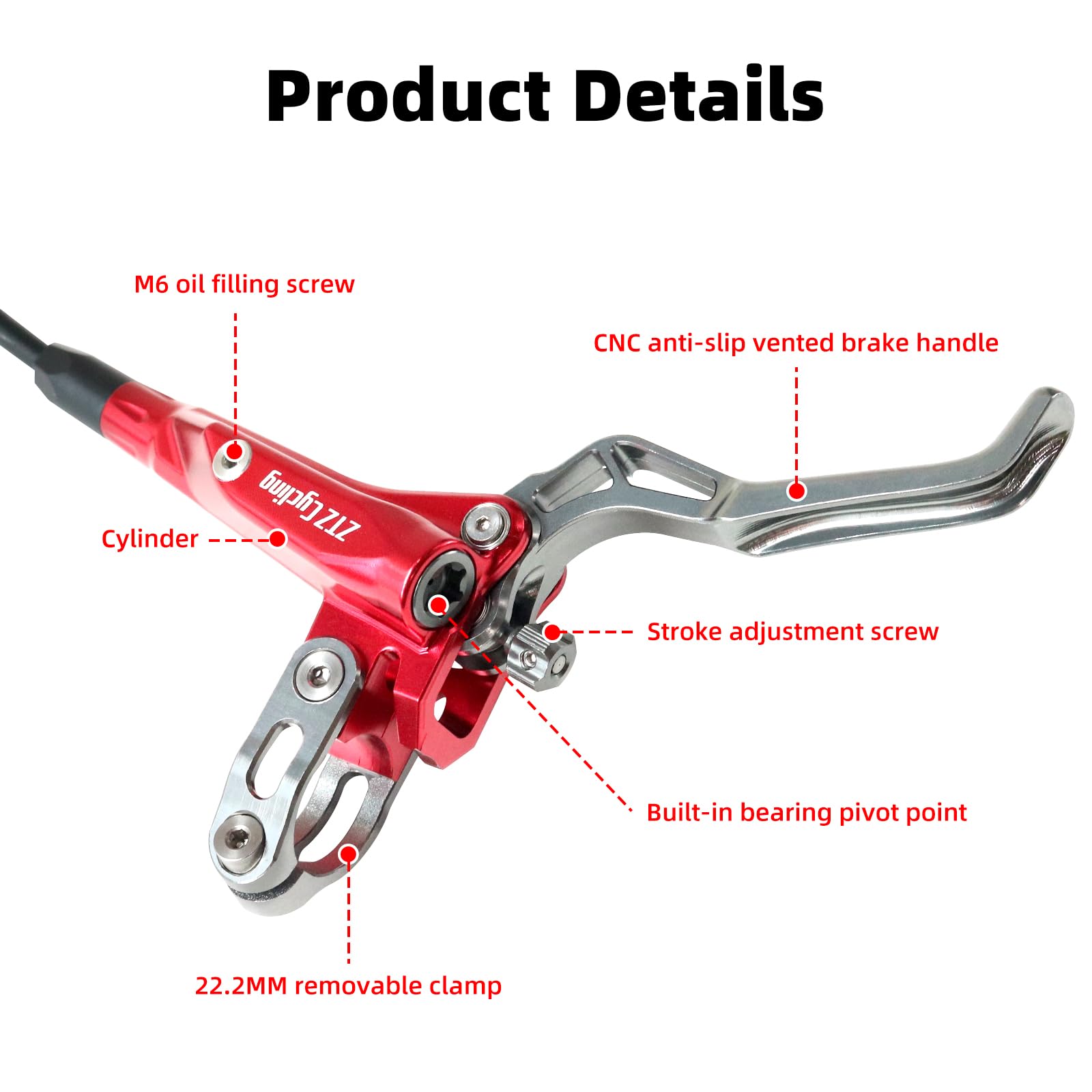 MTB Hydraulic Disc Brake Set 4 Pistons Front 850mm and Rear 1580mm Hydraulic Brakes with Aluminum Alloy Lever with Caliper Ceramic Brake Pad Fit Mountain Bike, Ebike, Fat Bike(Pre-Bled) (Red)